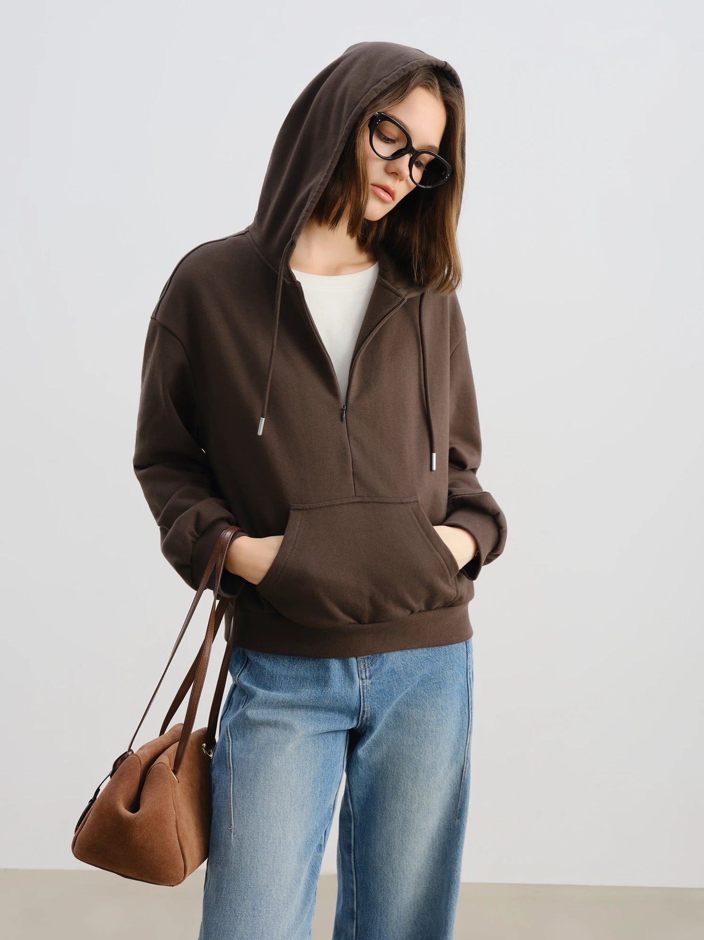 Brown Layered Collar Hooded Sweatshirt