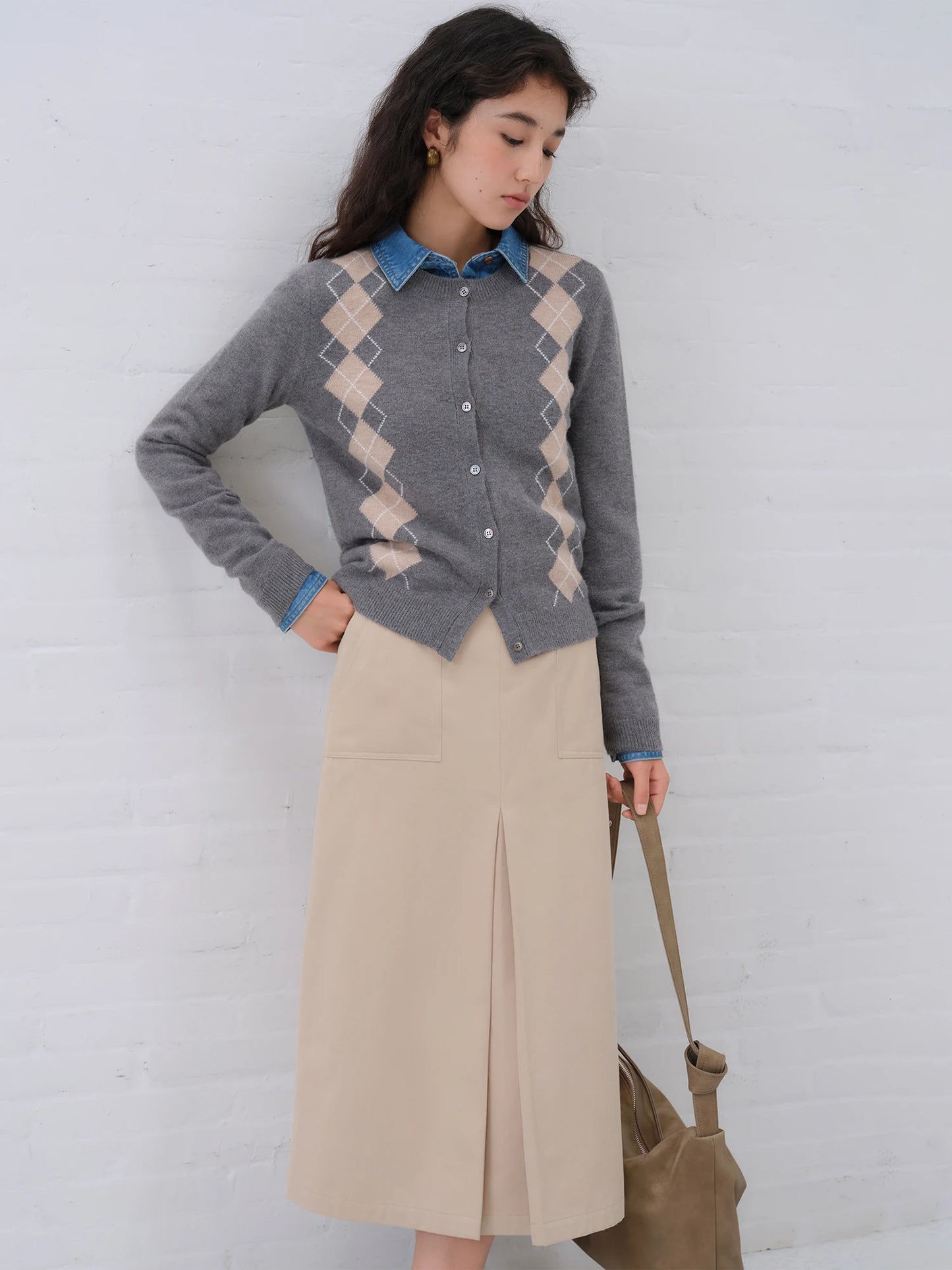 Grey Argyle Button Knit Cardigan