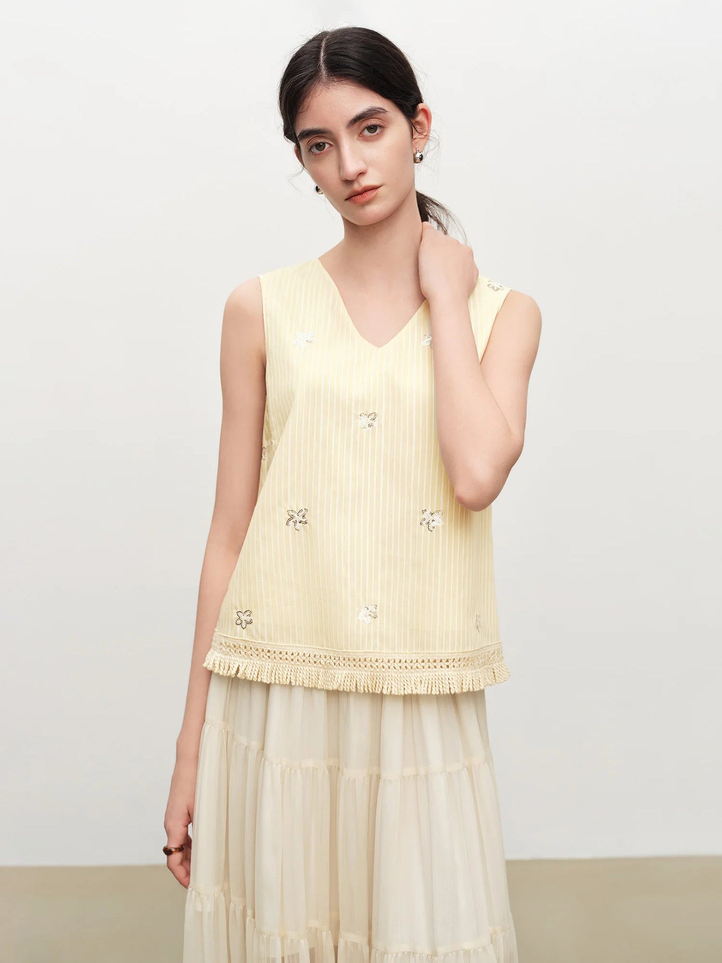 Ivory Beaded Striped Sleeveless Vest
