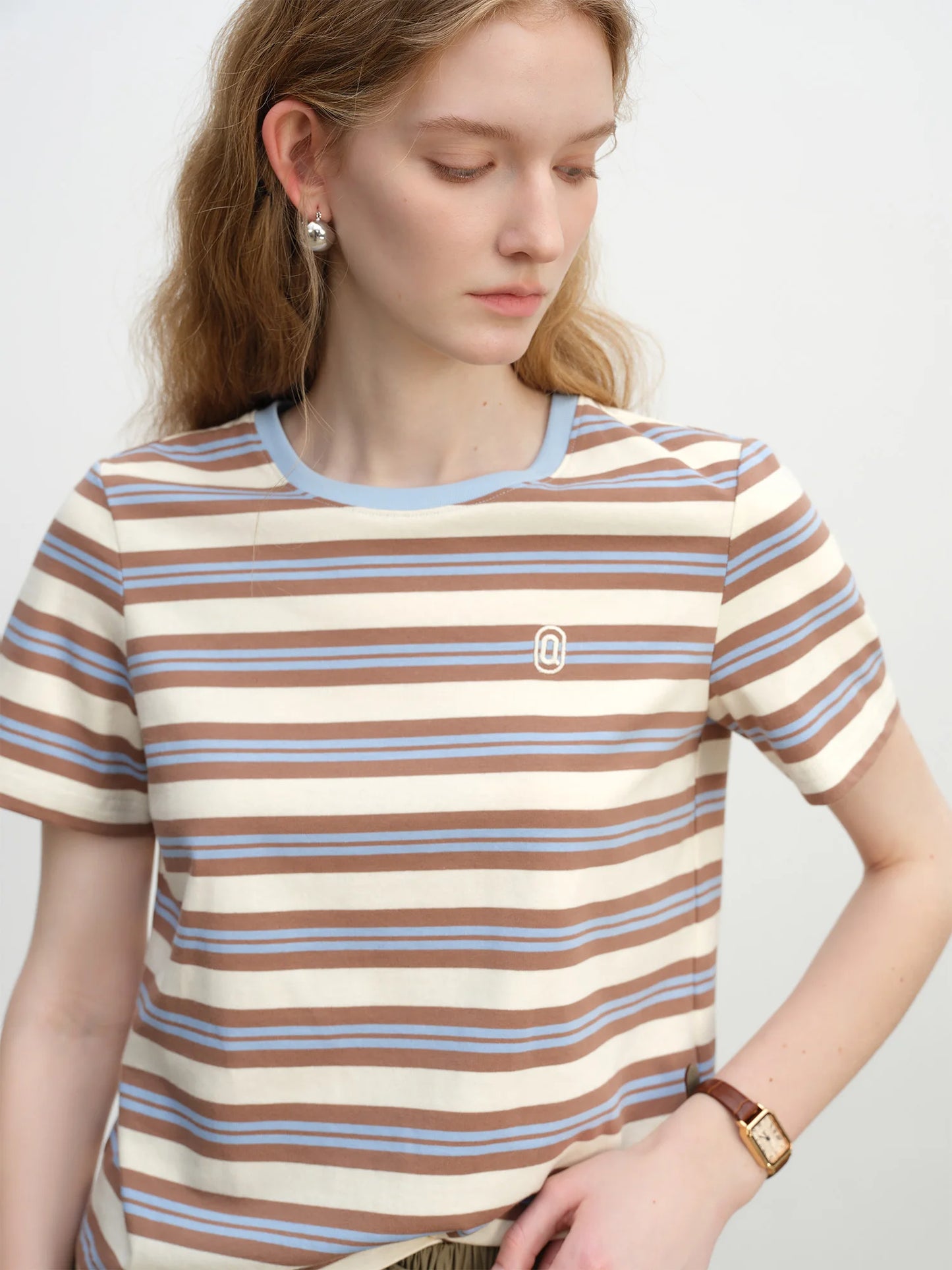 Brown Blue Striped Crew Neck Tee