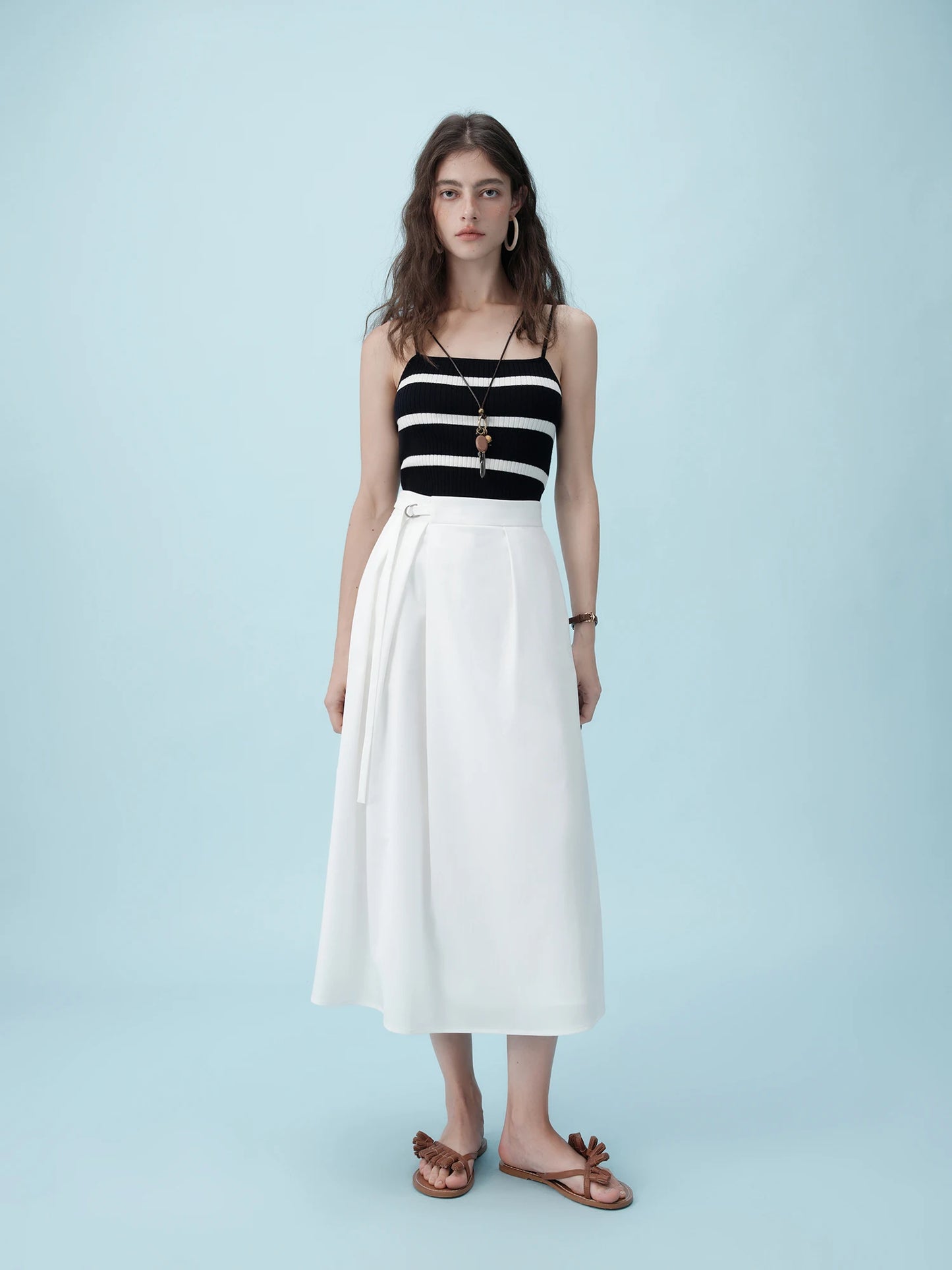 Navy Belted Pleated Maxi Skirt