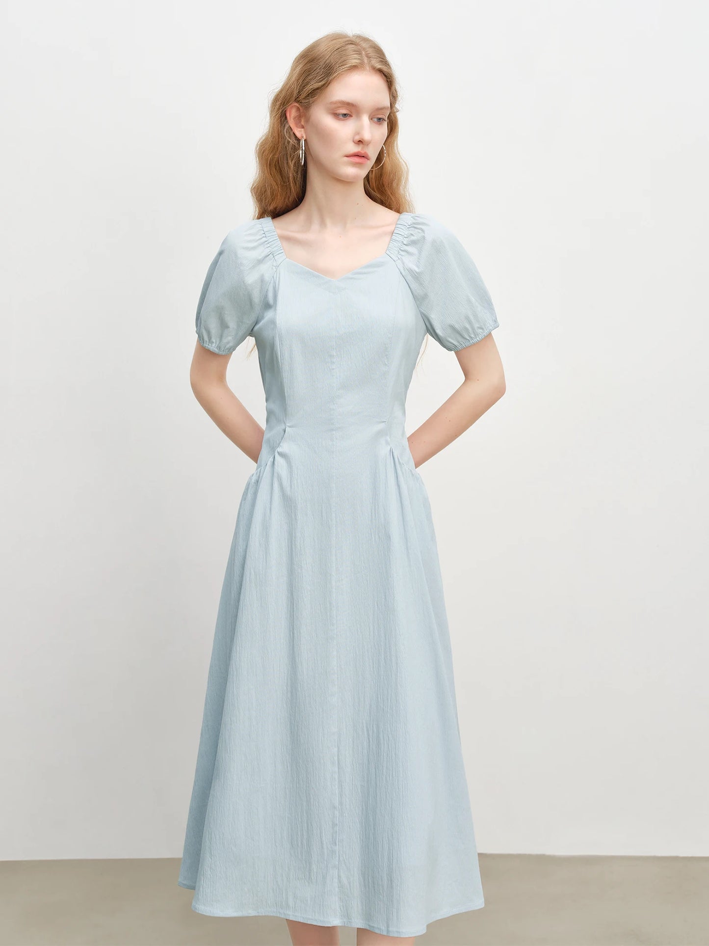 Blue Puff Sleeve Midi Dress