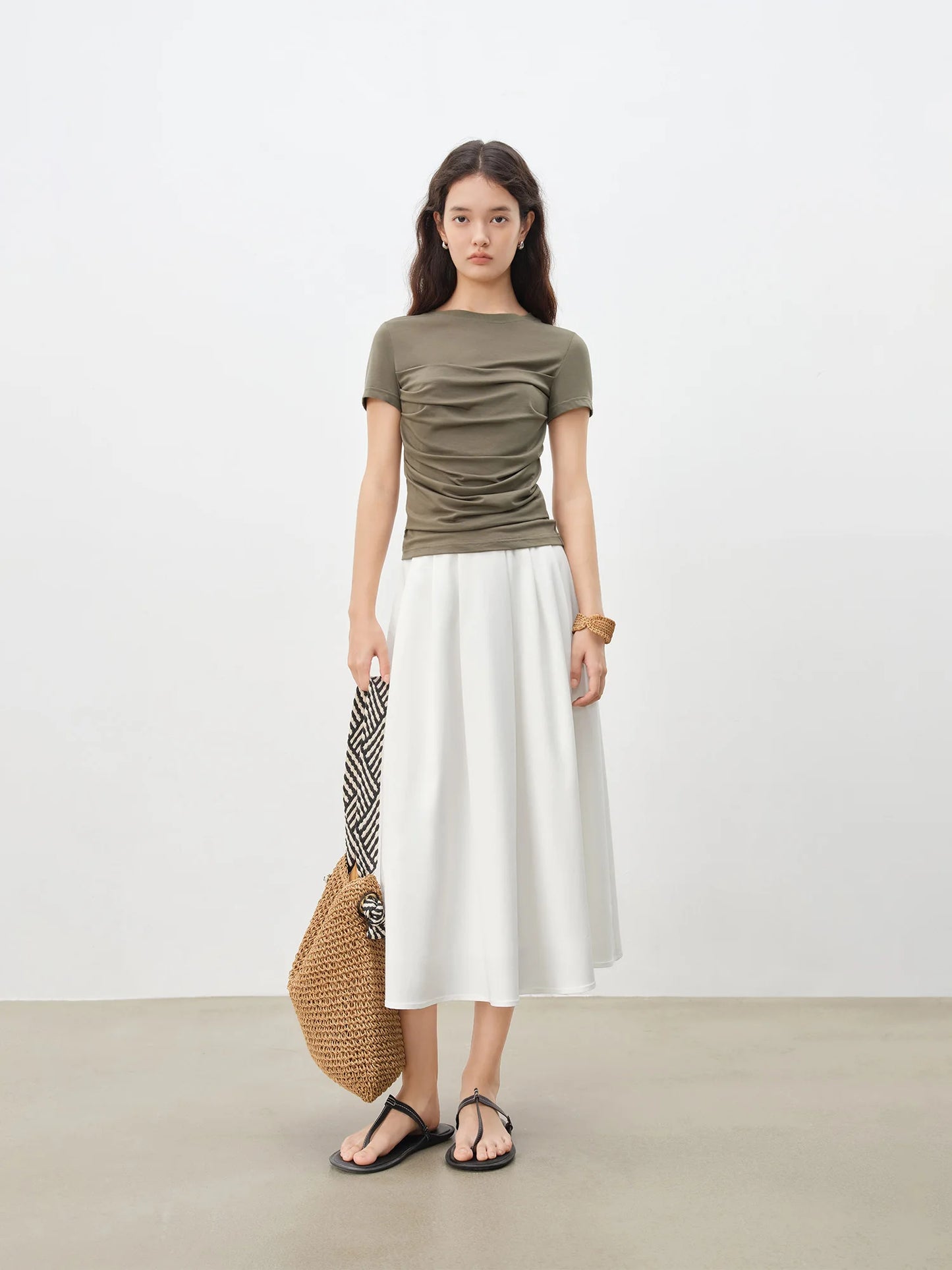 Ivory Pleated A-Line Midi Skirt