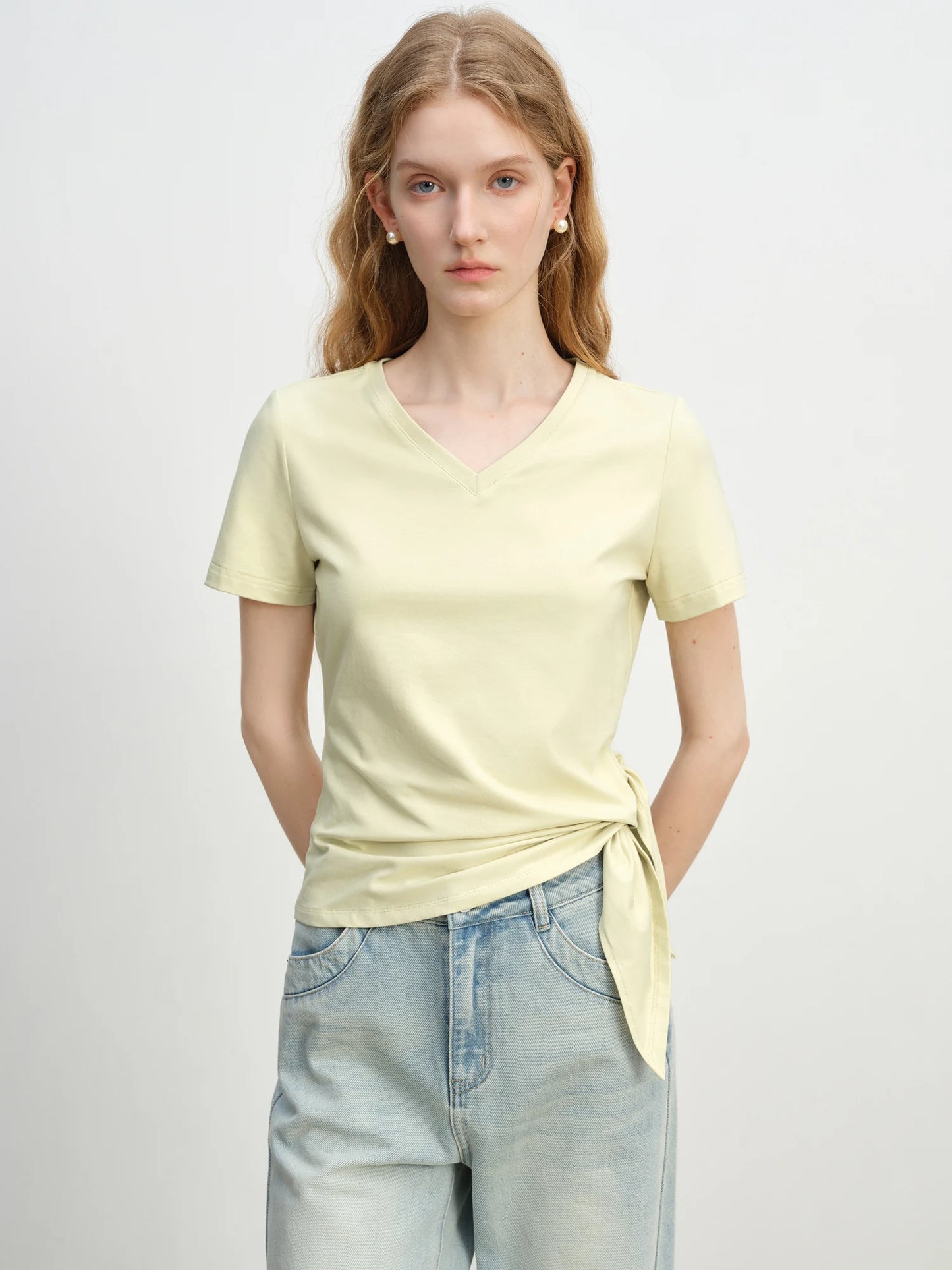 Ivory Side Tie V-Neck Tee