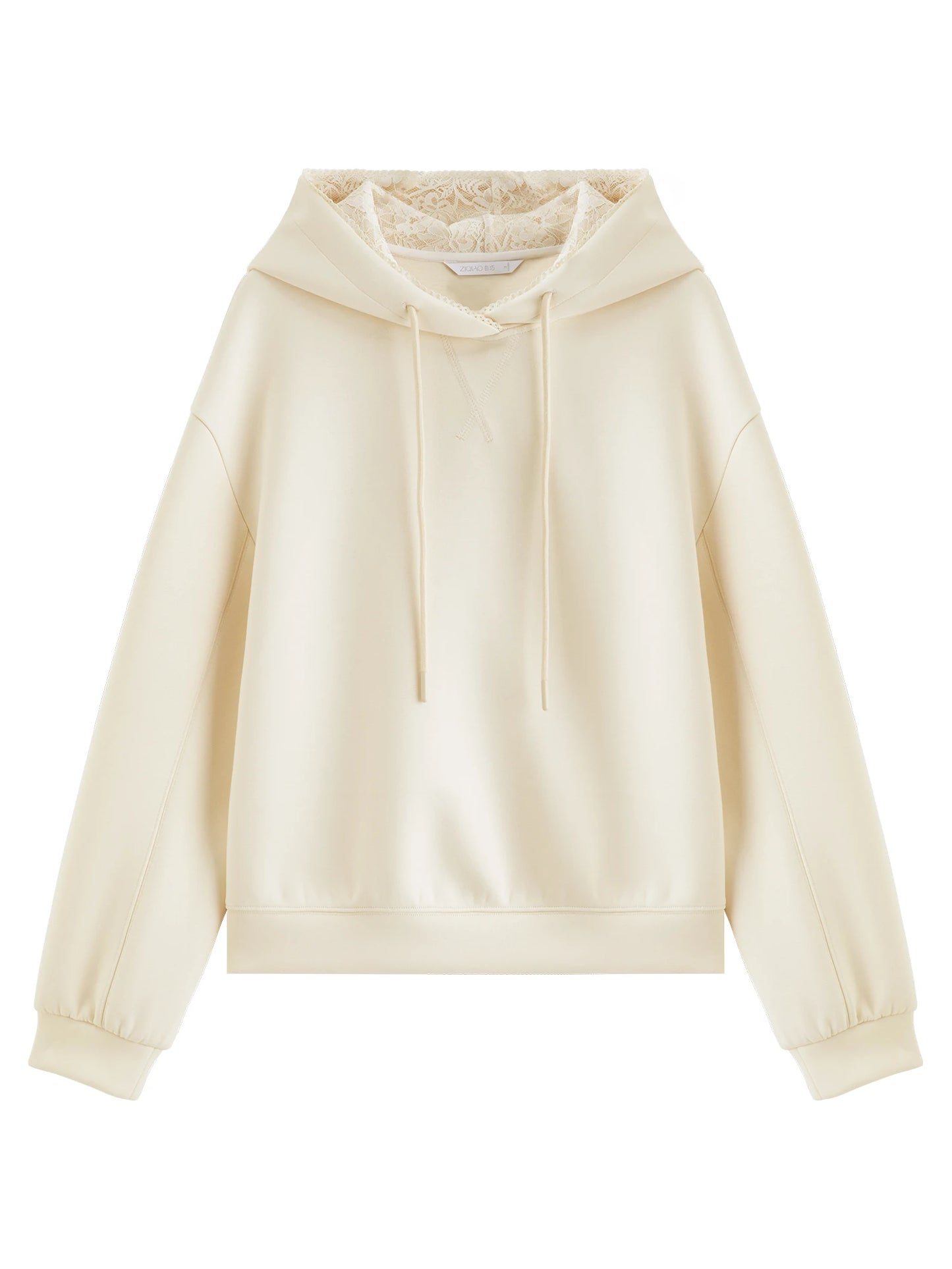 Ivory Lace Trim Drawstring Hoodie