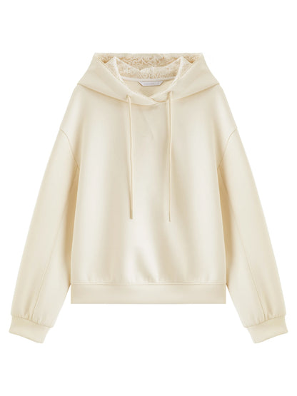 Ivory Lace Trim Drawstring Hoodie