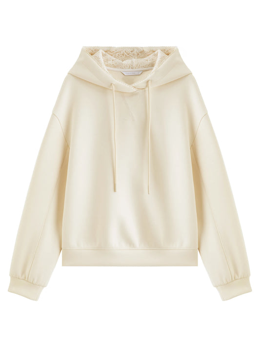 Ivory Lace Trim Drawstring Hoodie