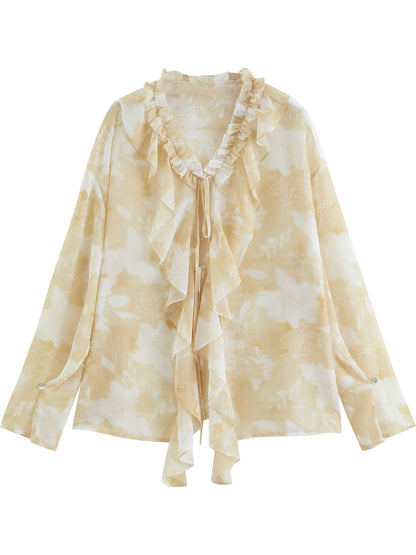 Printed Ruffle Blouse Shorts Set
