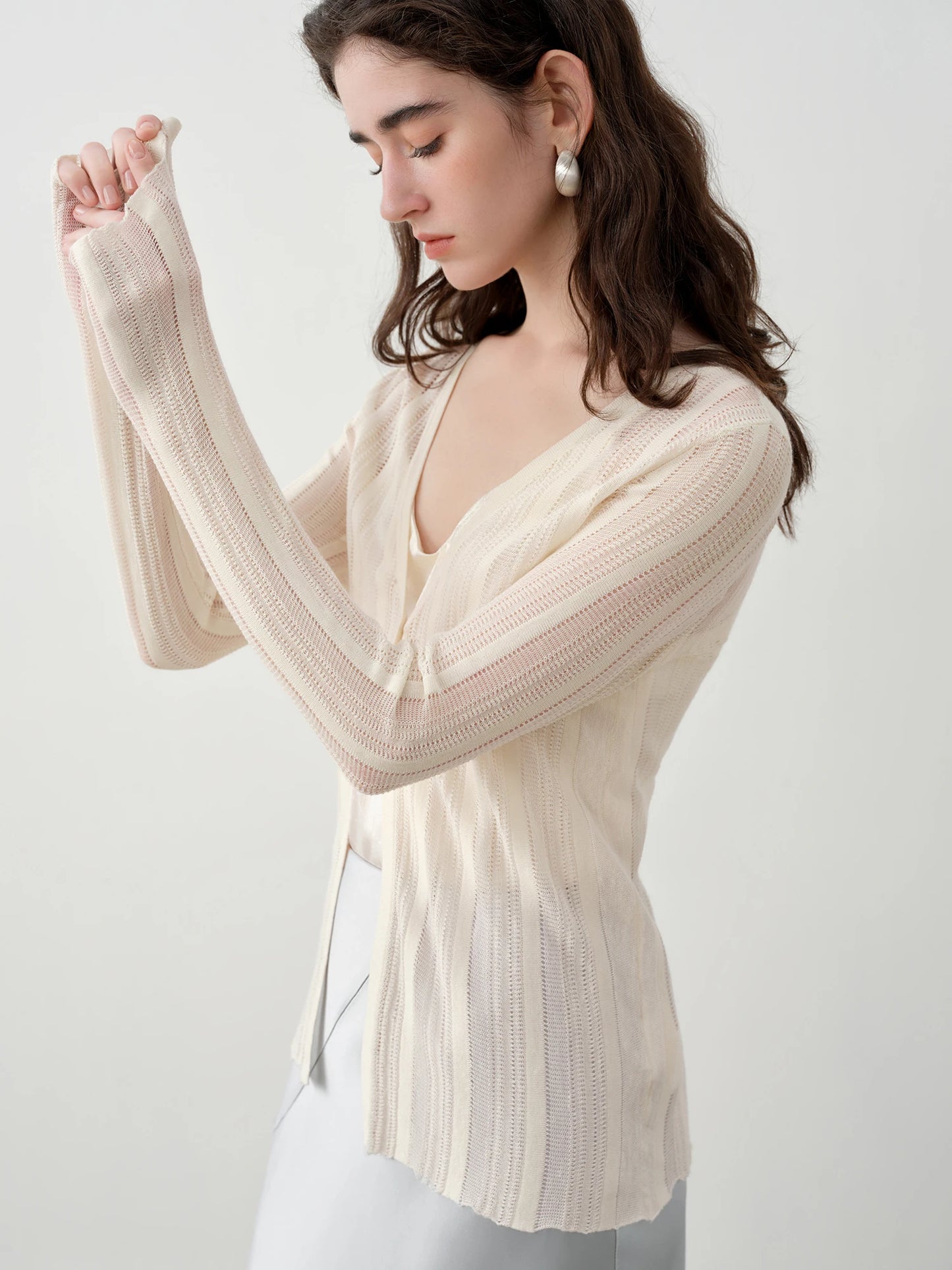 Ivory Sheer V-Neck Knit Cardigan