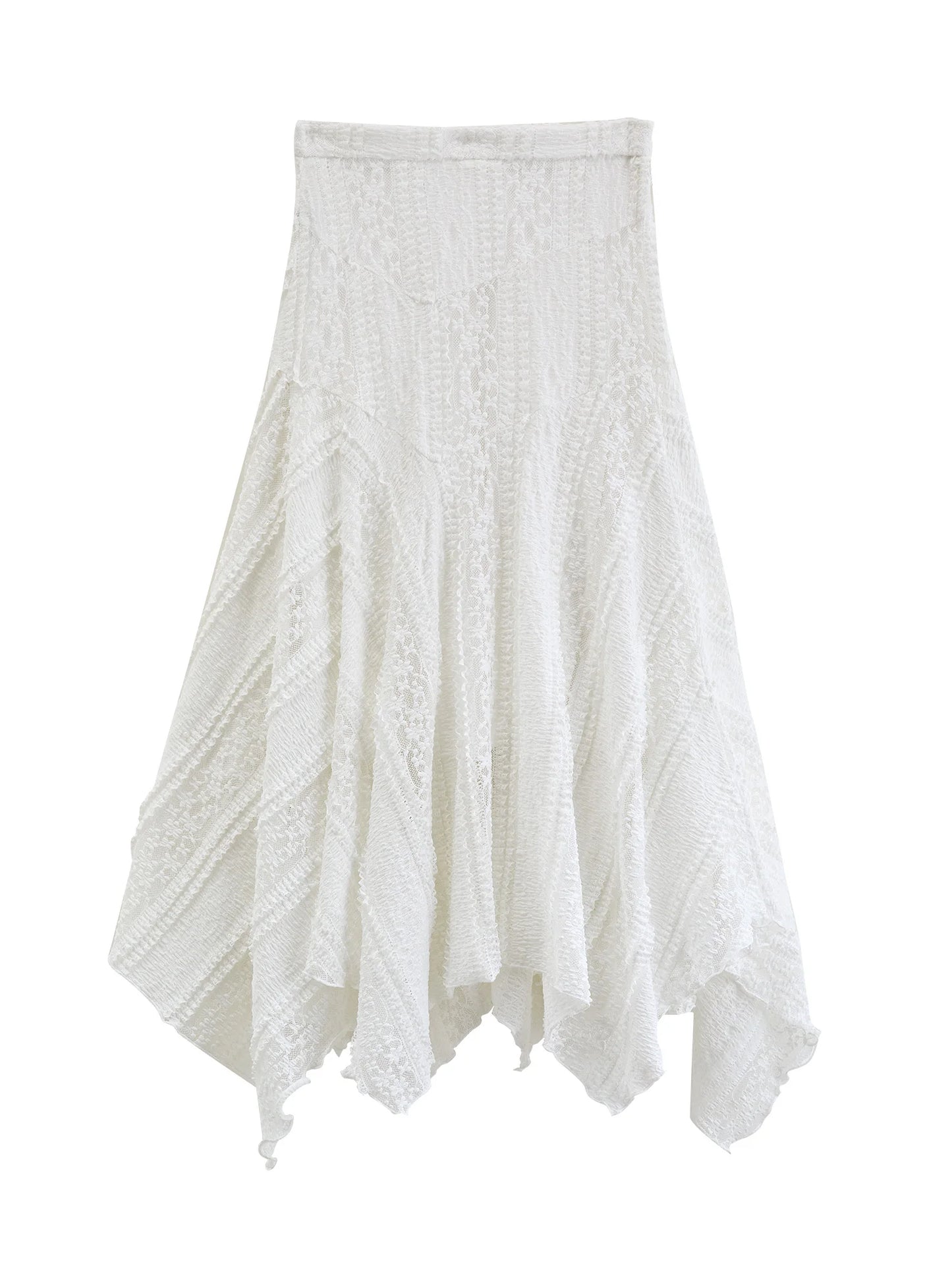 Lace Panel Asymmetric Midi Skirt