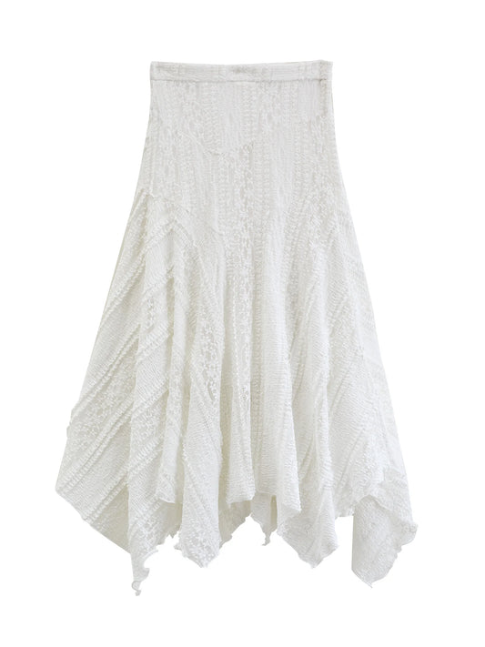 Lace Panel Asymmetric Midi Skirt