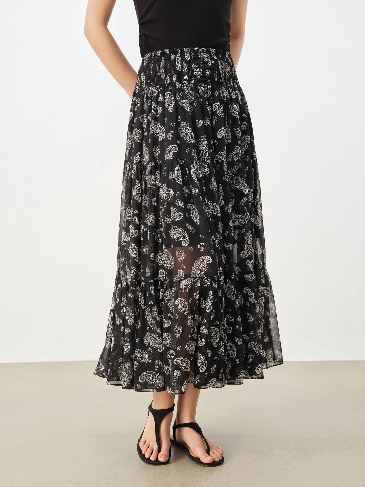 Paisley Chiffon Tiered Midi Skirt