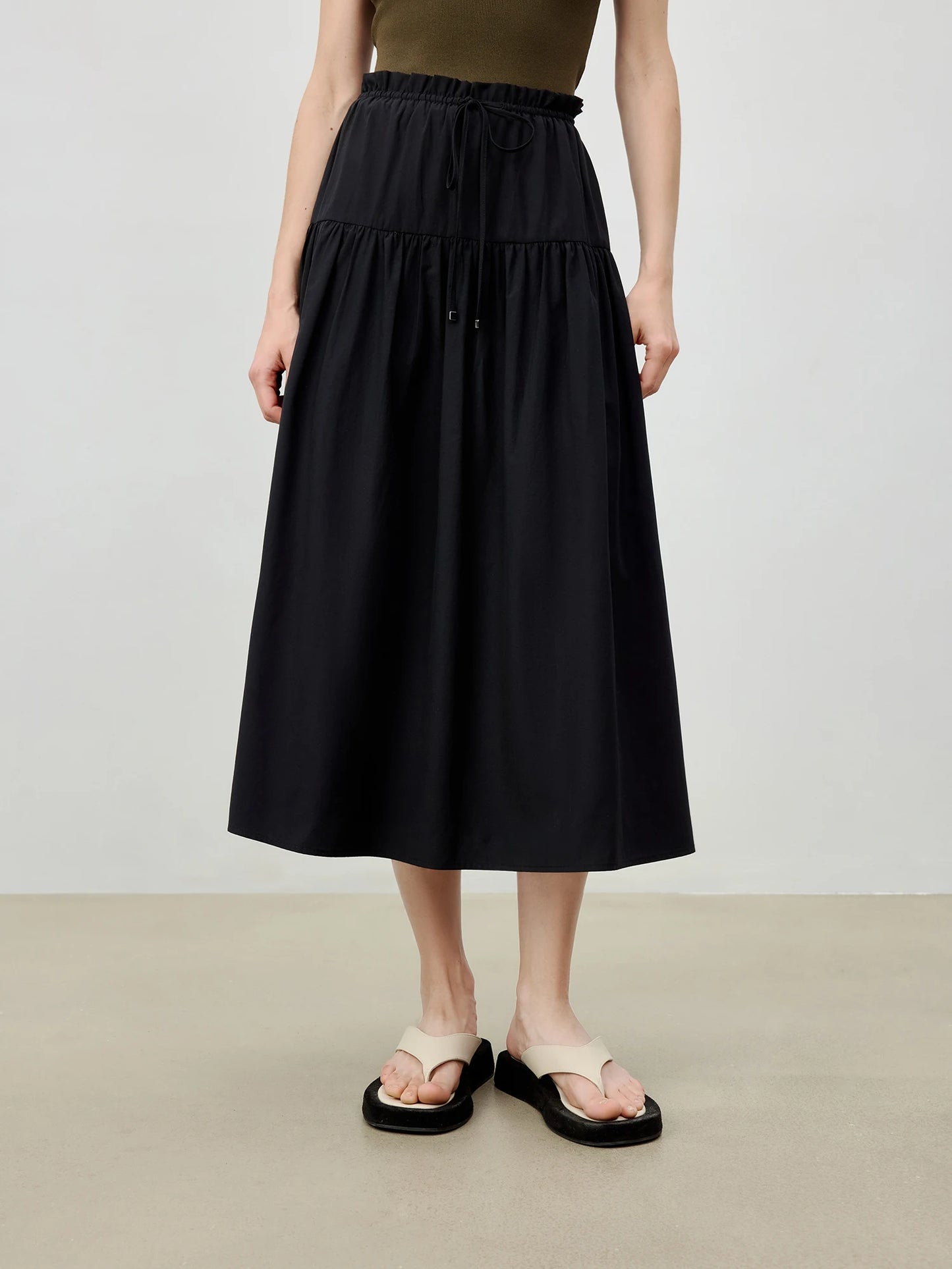 Gathered Drawstring A-Line Midi Skirt