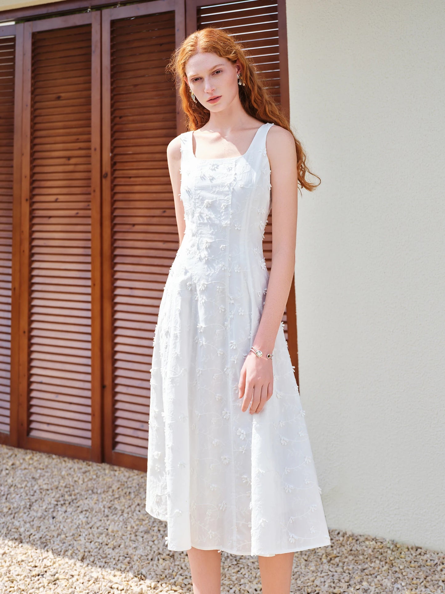 White Embroidered Square Neck Dress