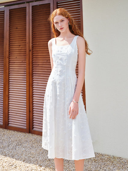 White Embroidered Square Neck Dress