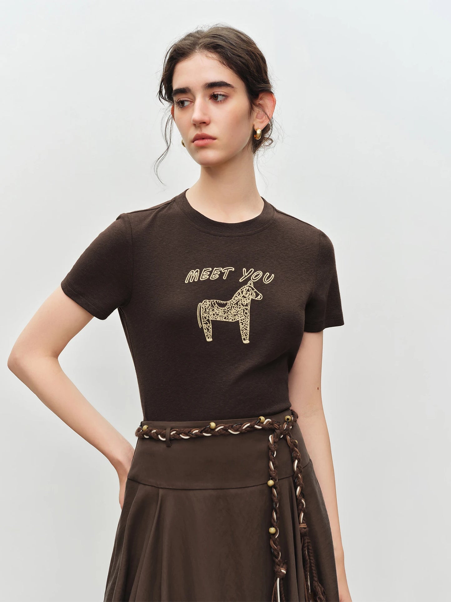 Brown Embroidered Horse Graphic Tee
