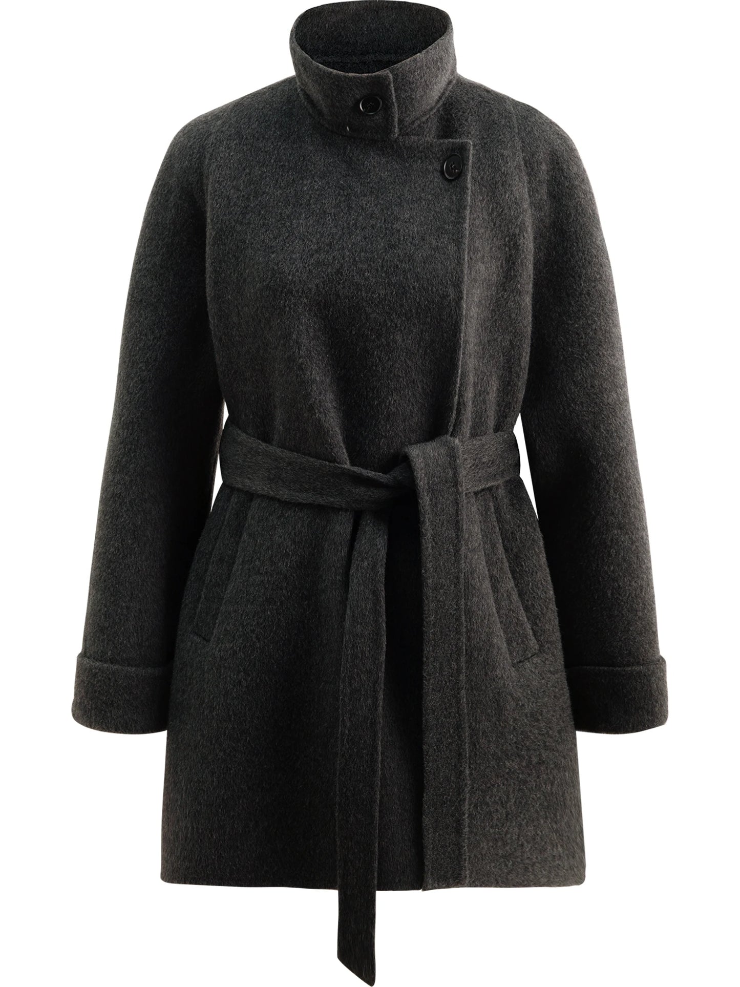 Grey Lace-Up Short Wool Coat