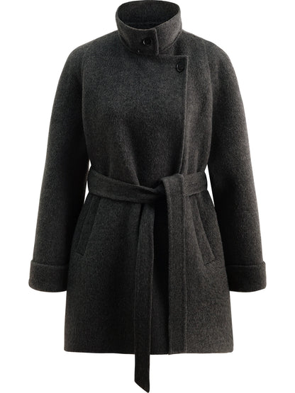 Grey Lace-Up Short Wool Coat