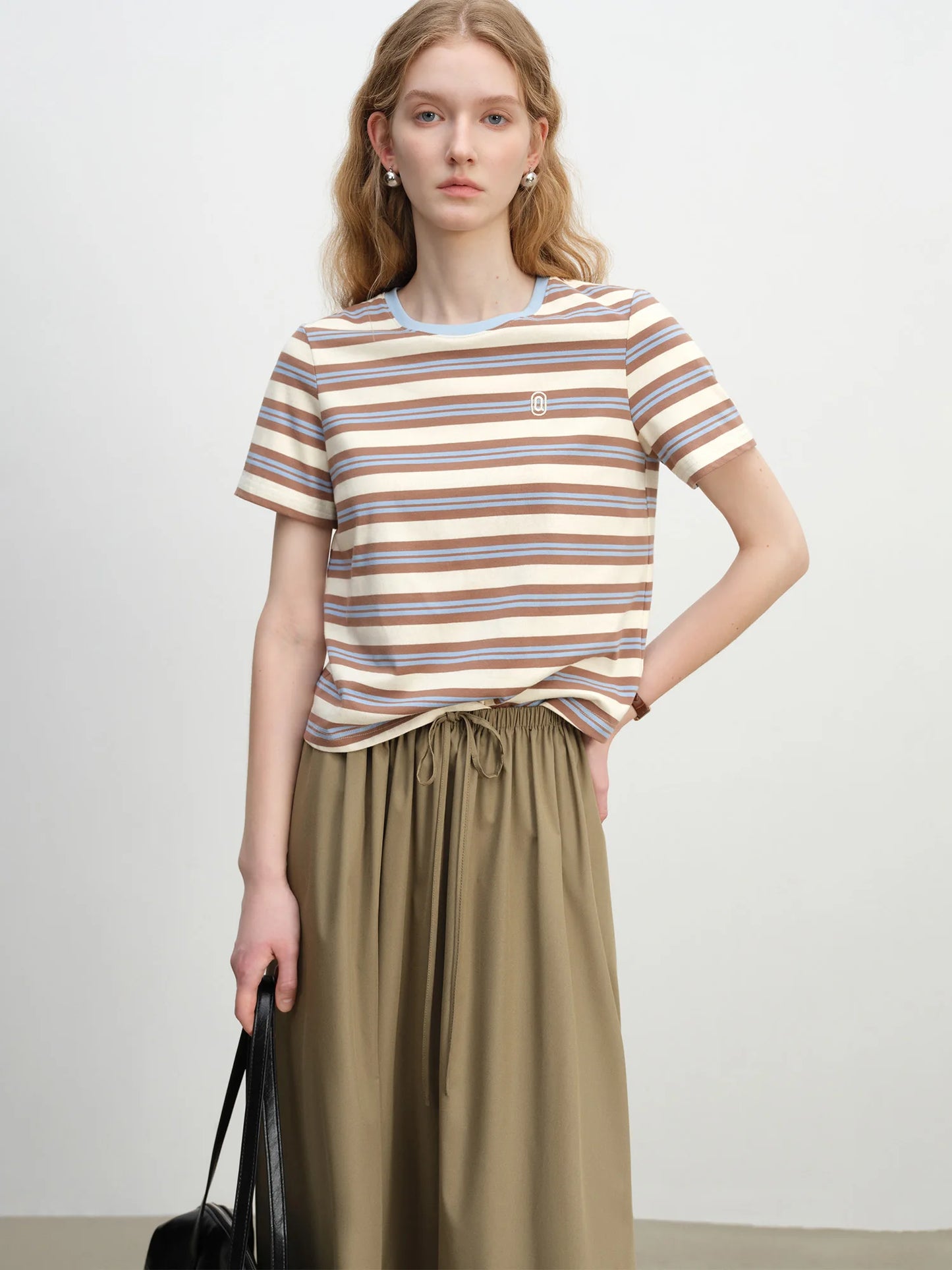 Brown Blue Striped Crew Neck Tee