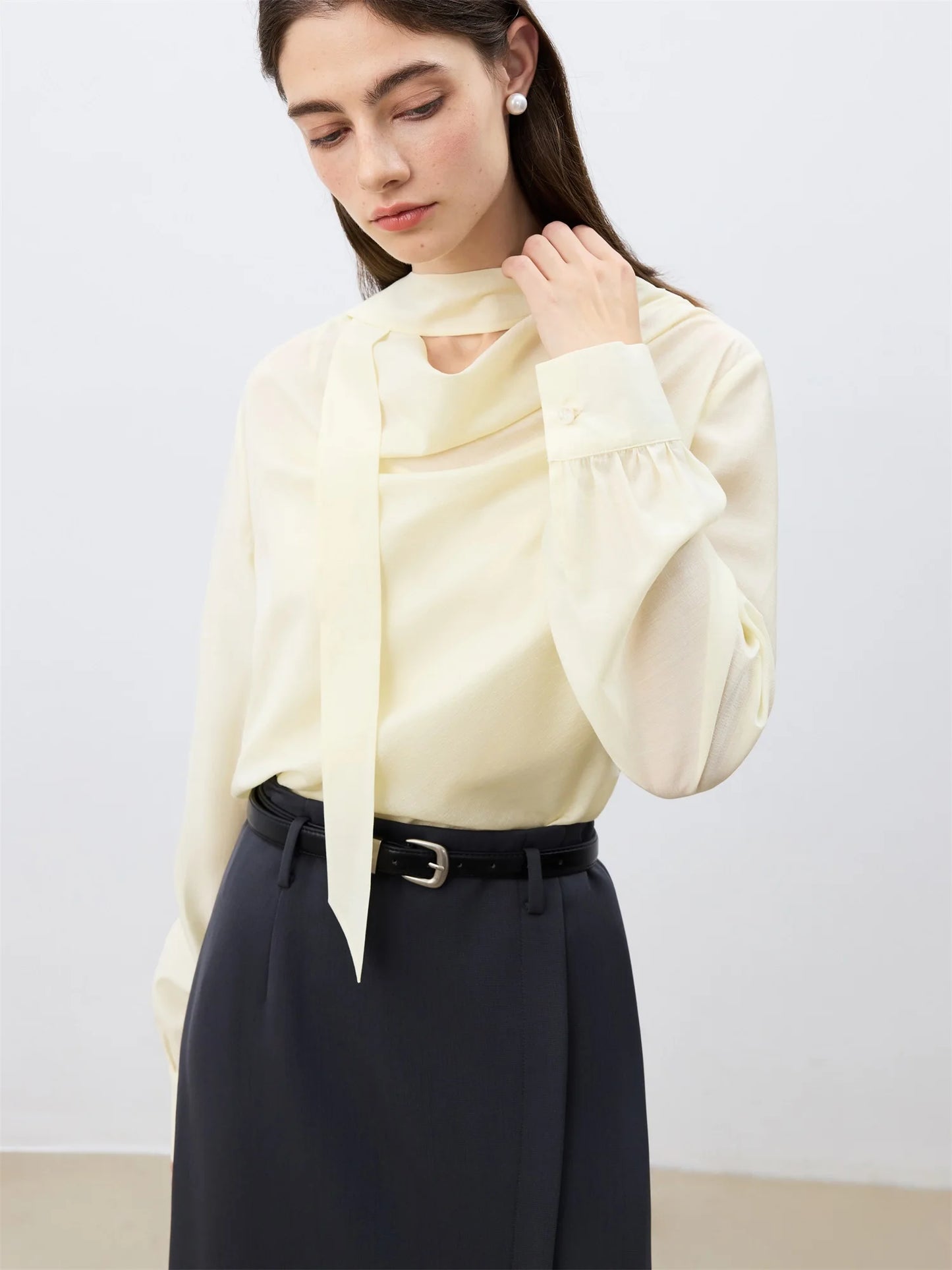 Ivory Draped Tie Neck Blouse
