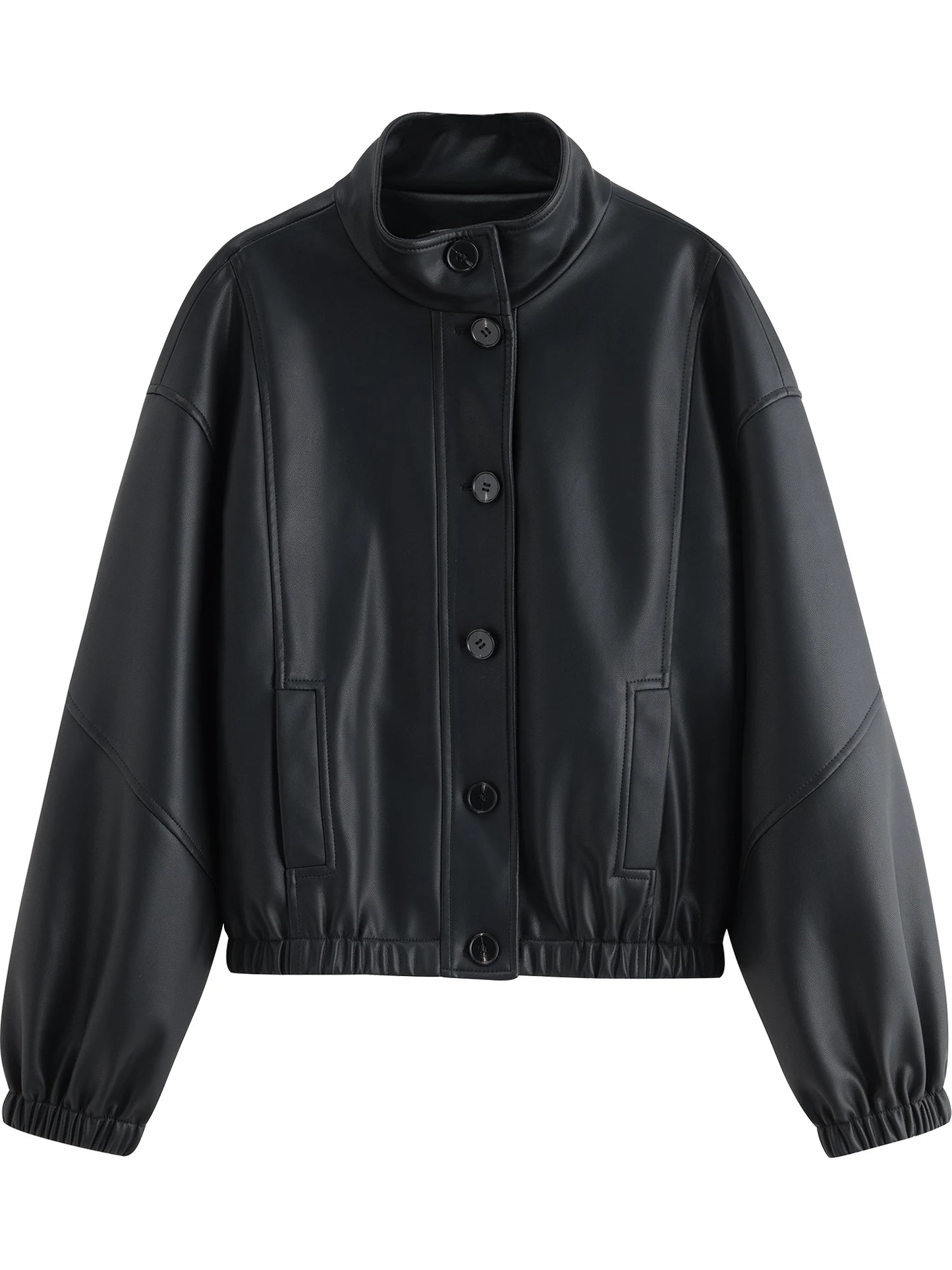 Black Stand Collar Leather Jacket