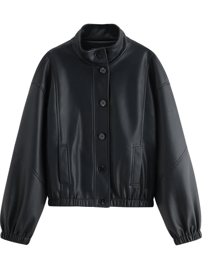 Black Stand Collar Leather Jacket
