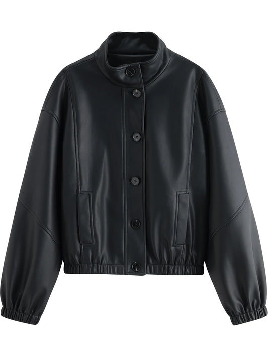 Black Stand Collar Leather Jacket