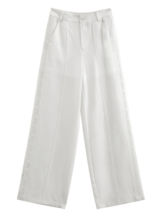 White Lace Trim Wide Leg Pants