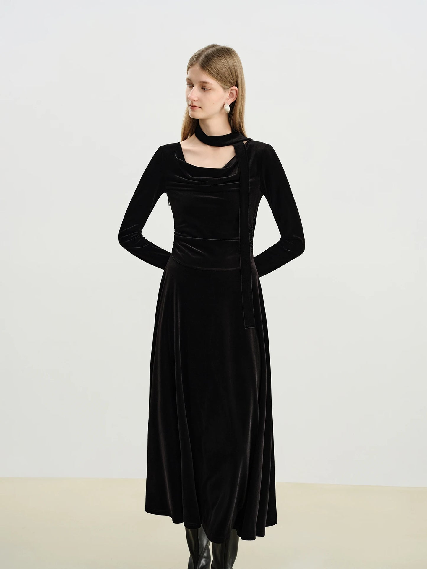 Burgundy Velvet Slash Neck Dress