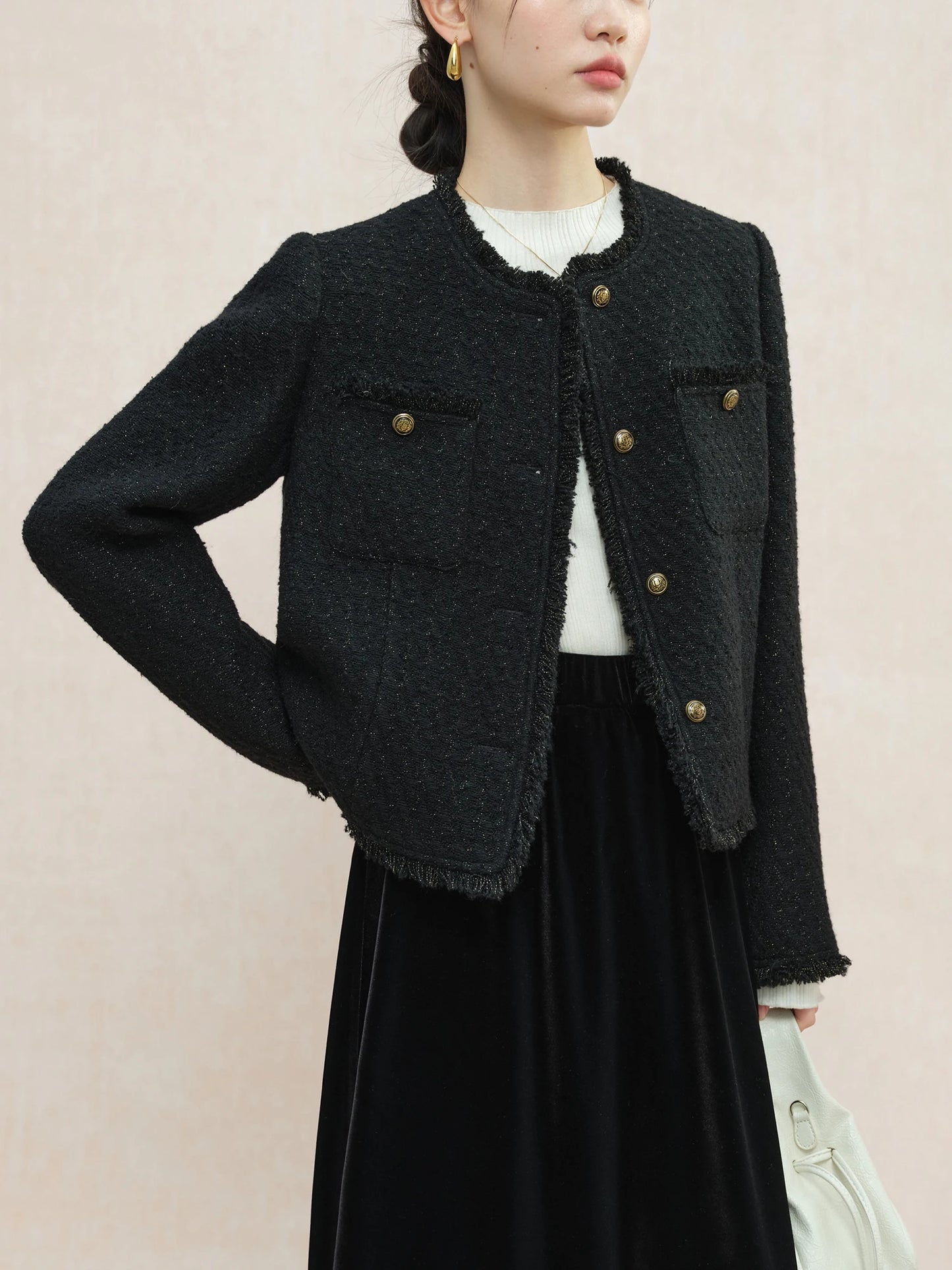 Black Fringe Trim Tweed Jacket