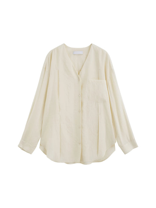 Ivory Linen V-Neck Blouse