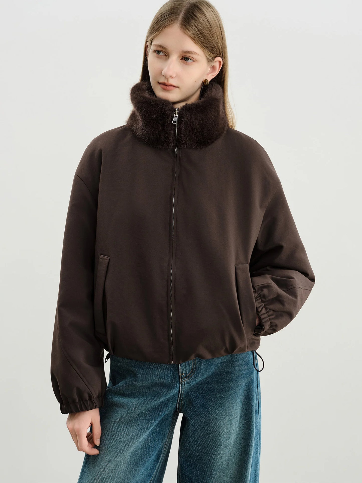 Ivory Fur Collar Bomber Jacket