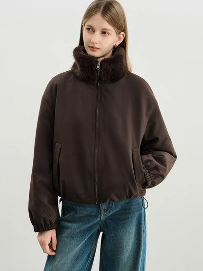Ivory Fur Collar Bomber Jacket