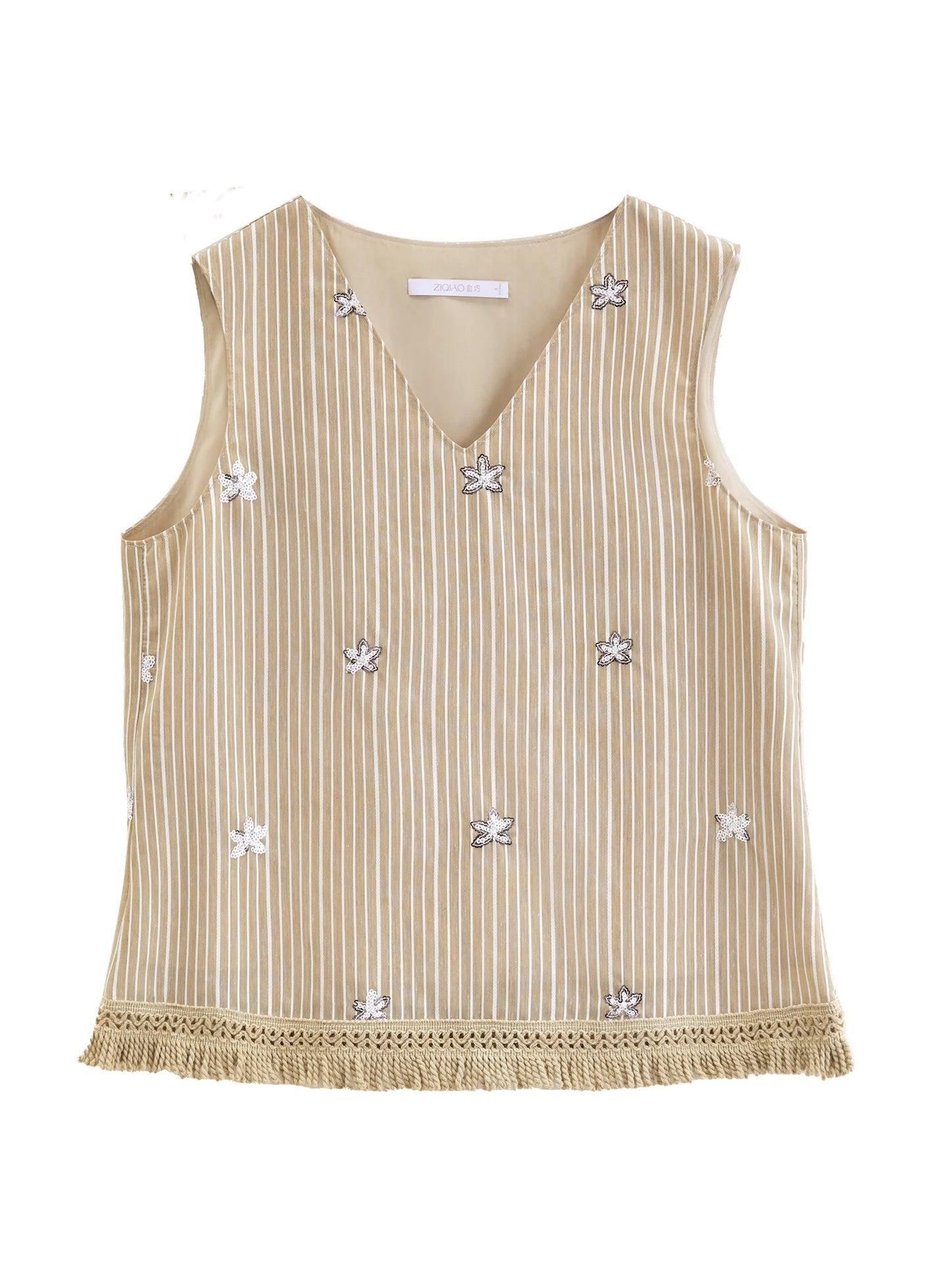 Ivory Beaded Striped Sleeveless Vest