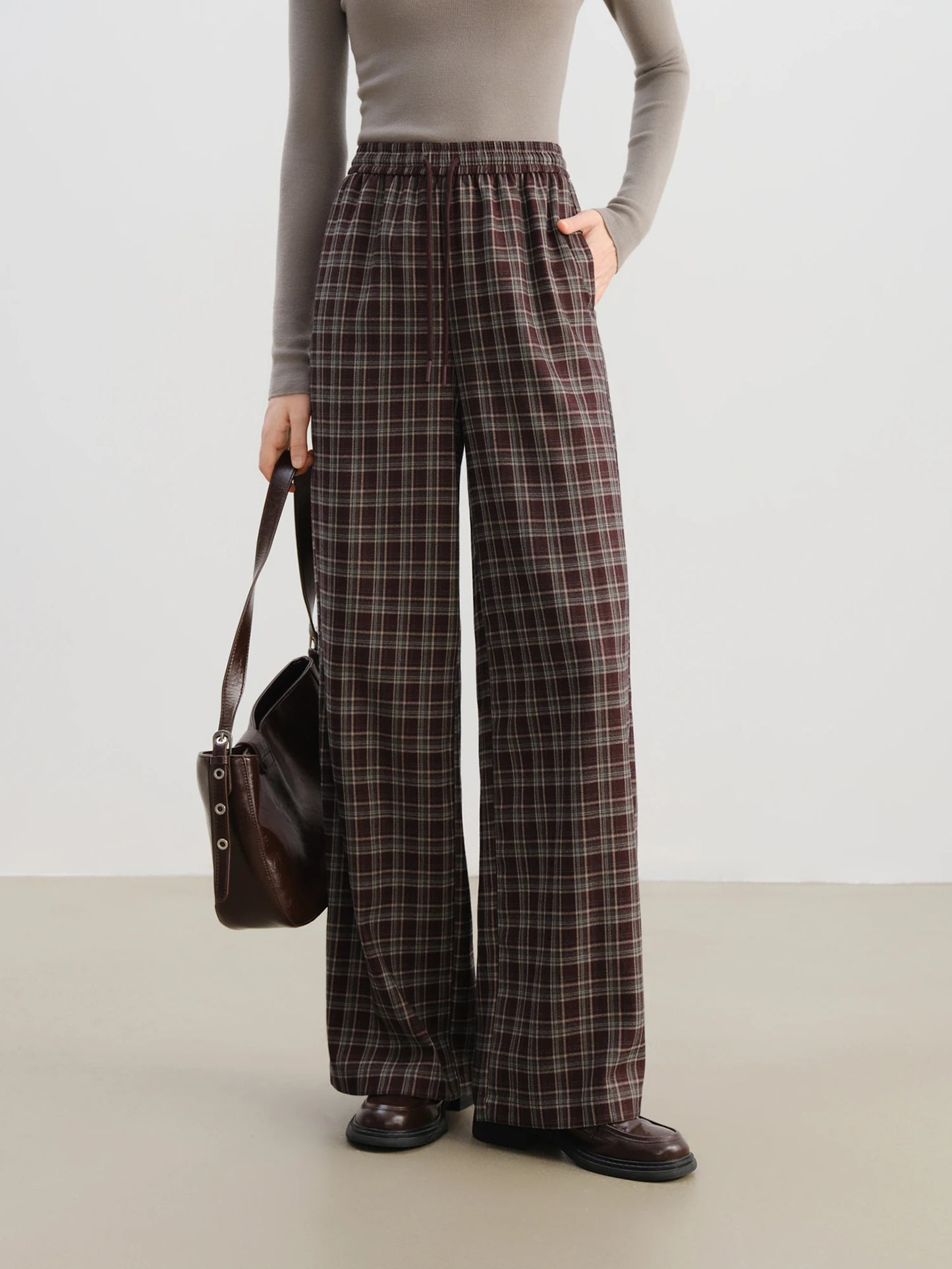 Burgundy Plaid Wide Leg Pants