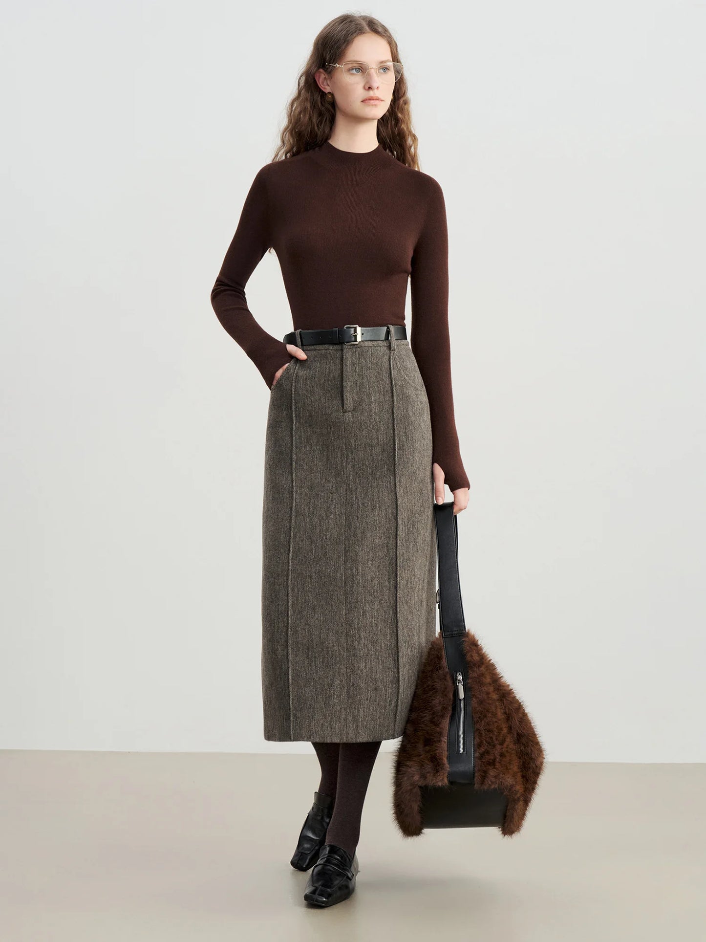 Taupe Wool Straight Midi Skirt