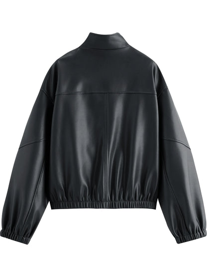 Black Stand Collar Leather Jacket