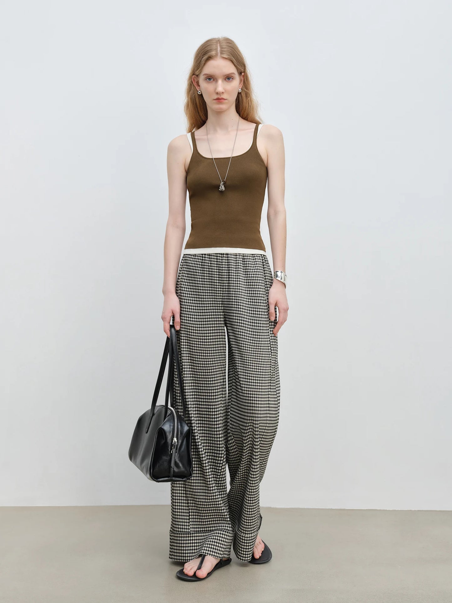 Gingham Elastic Wide Leg Pants