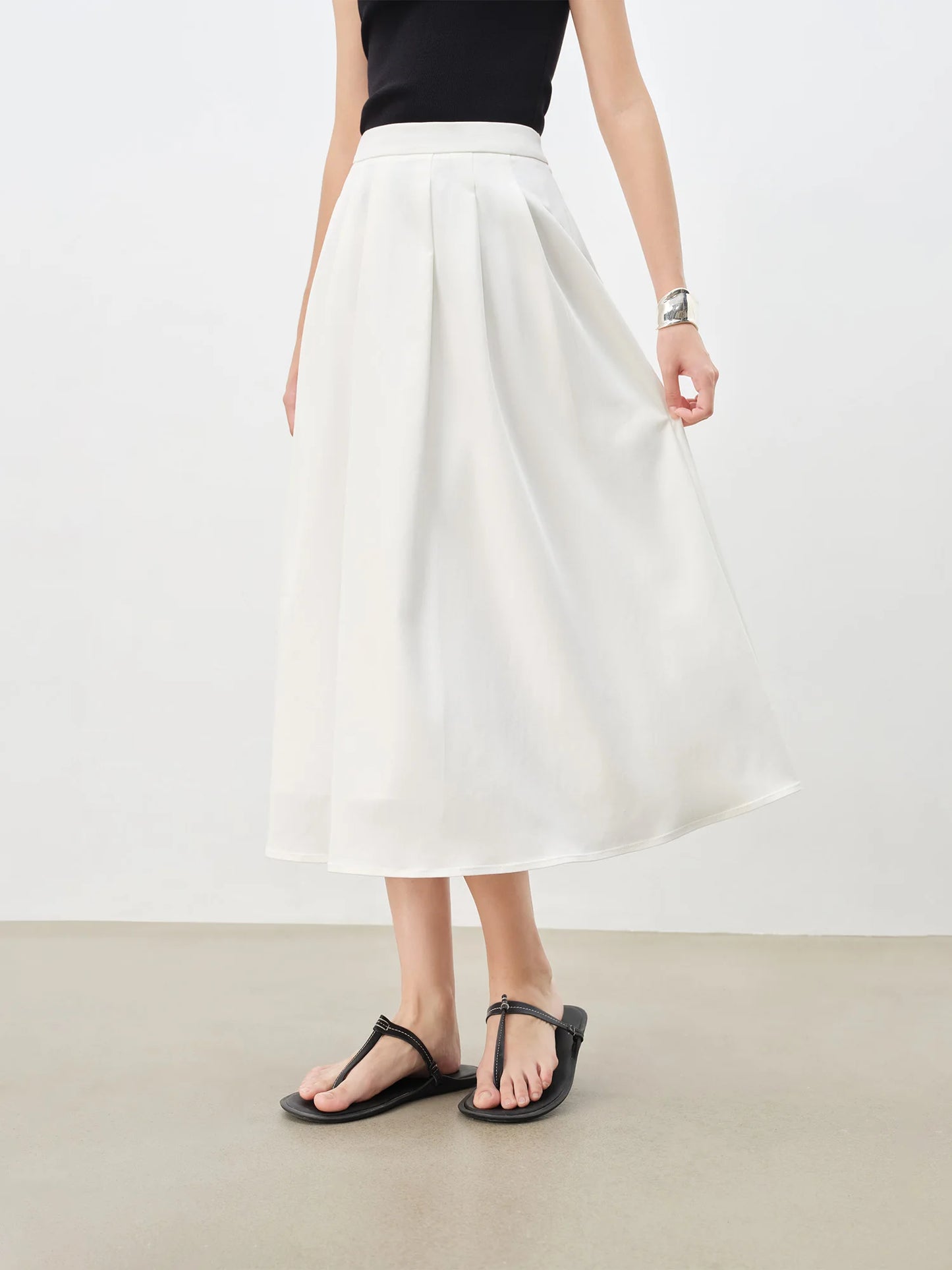 Ivory Pleated A-Line Midi Skirt