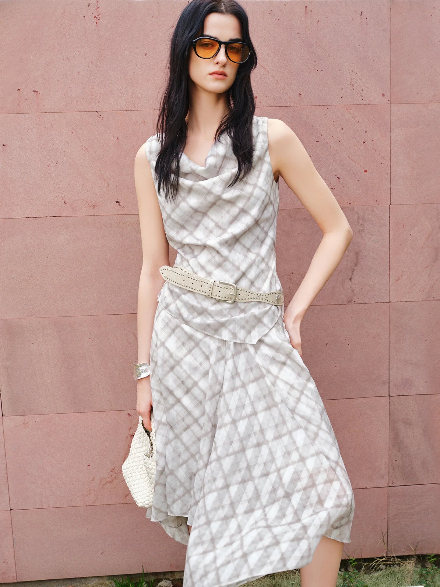 Checked Ruffle Collar Skirt Set