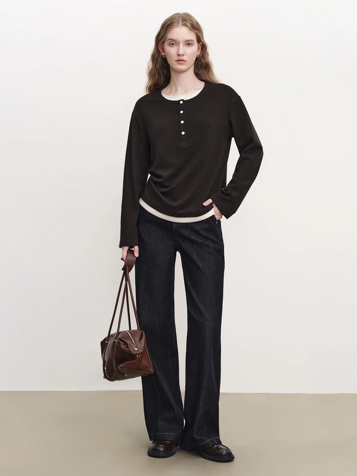 Black Layered Henley Long Sleeve Top