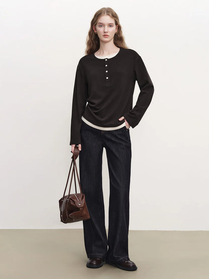 Black Layered Henley Long Sleeve Top
