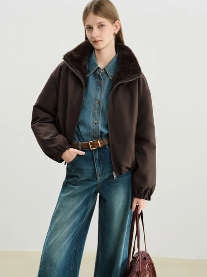 Ivory Fur Collar Bomber Jacket