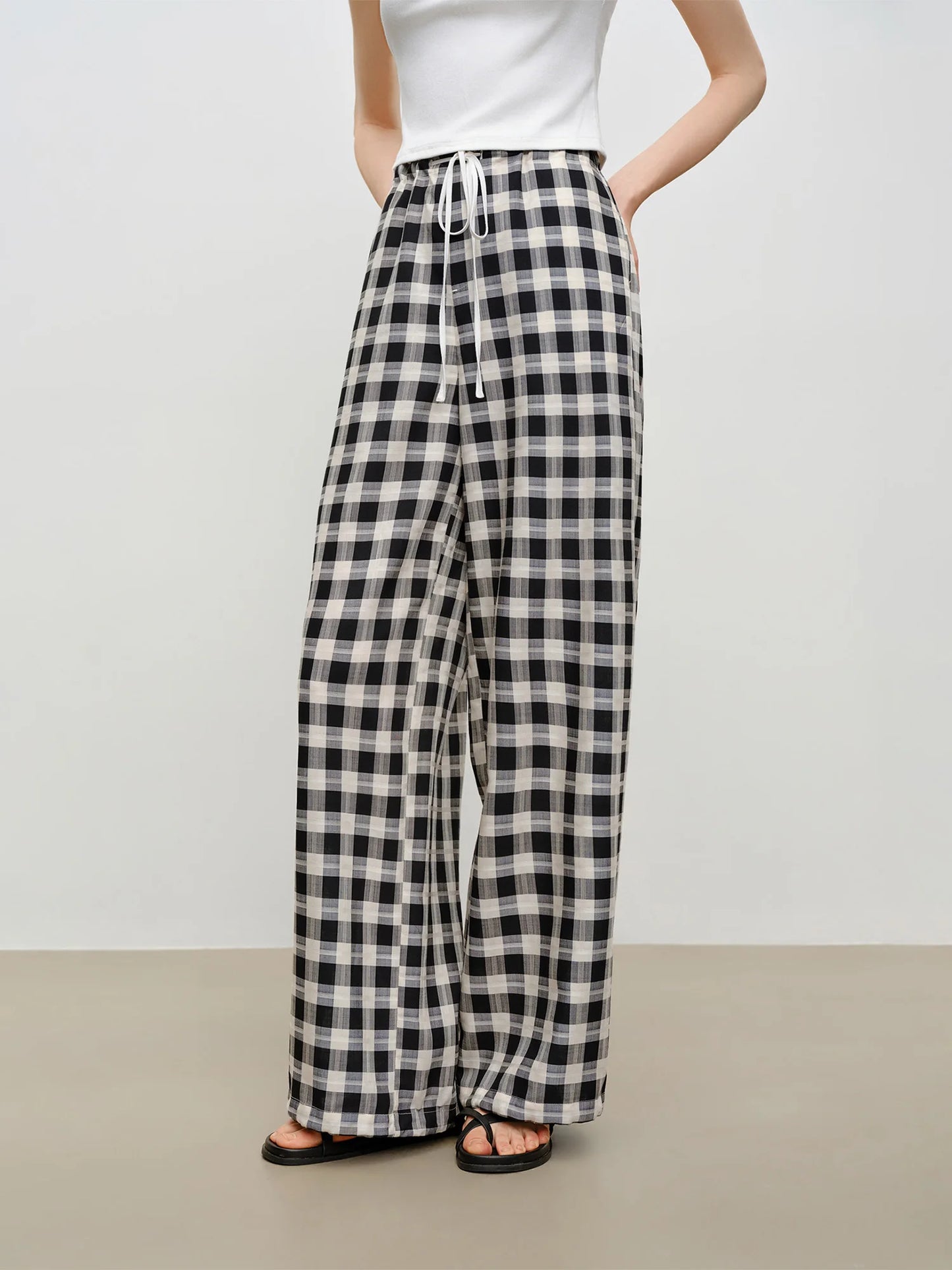 Black Plaid Drawstring Wide Pants