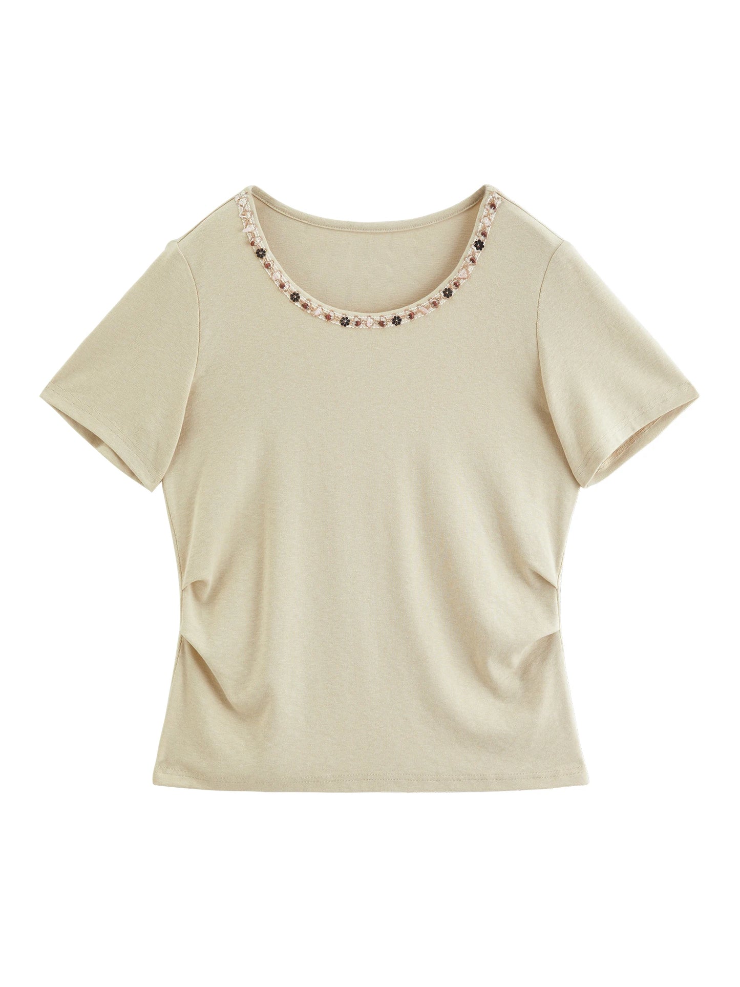 Beige Beaded Neckline Tee