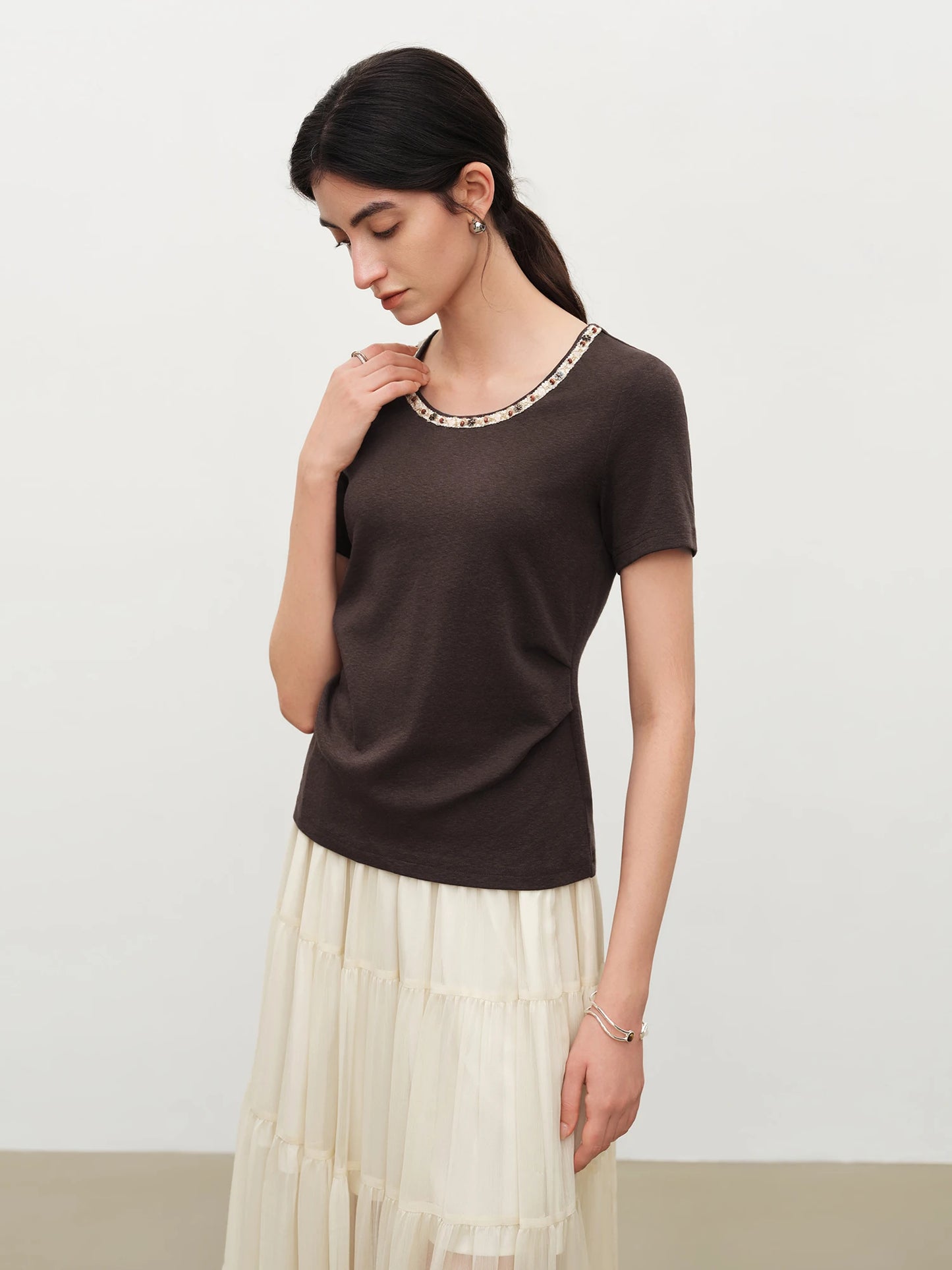Beige Beaded Neckline Tee