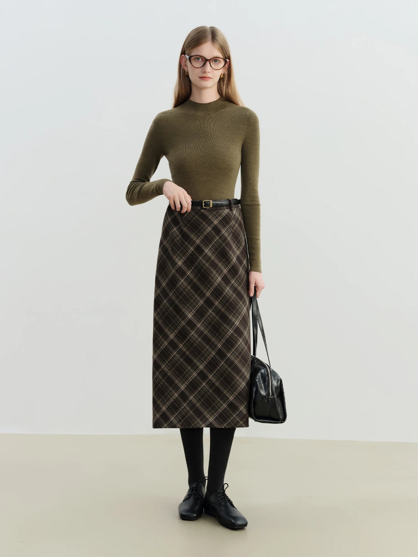 Plaid Wool Blend Straight Midi Skirt