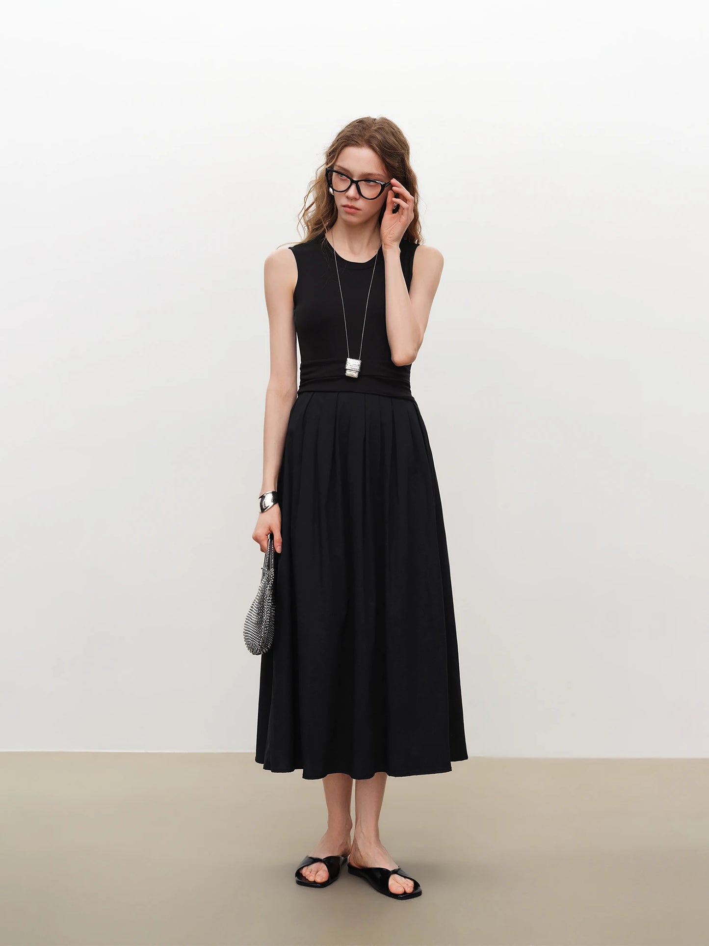 Black Paneled A-Line Midi Dress