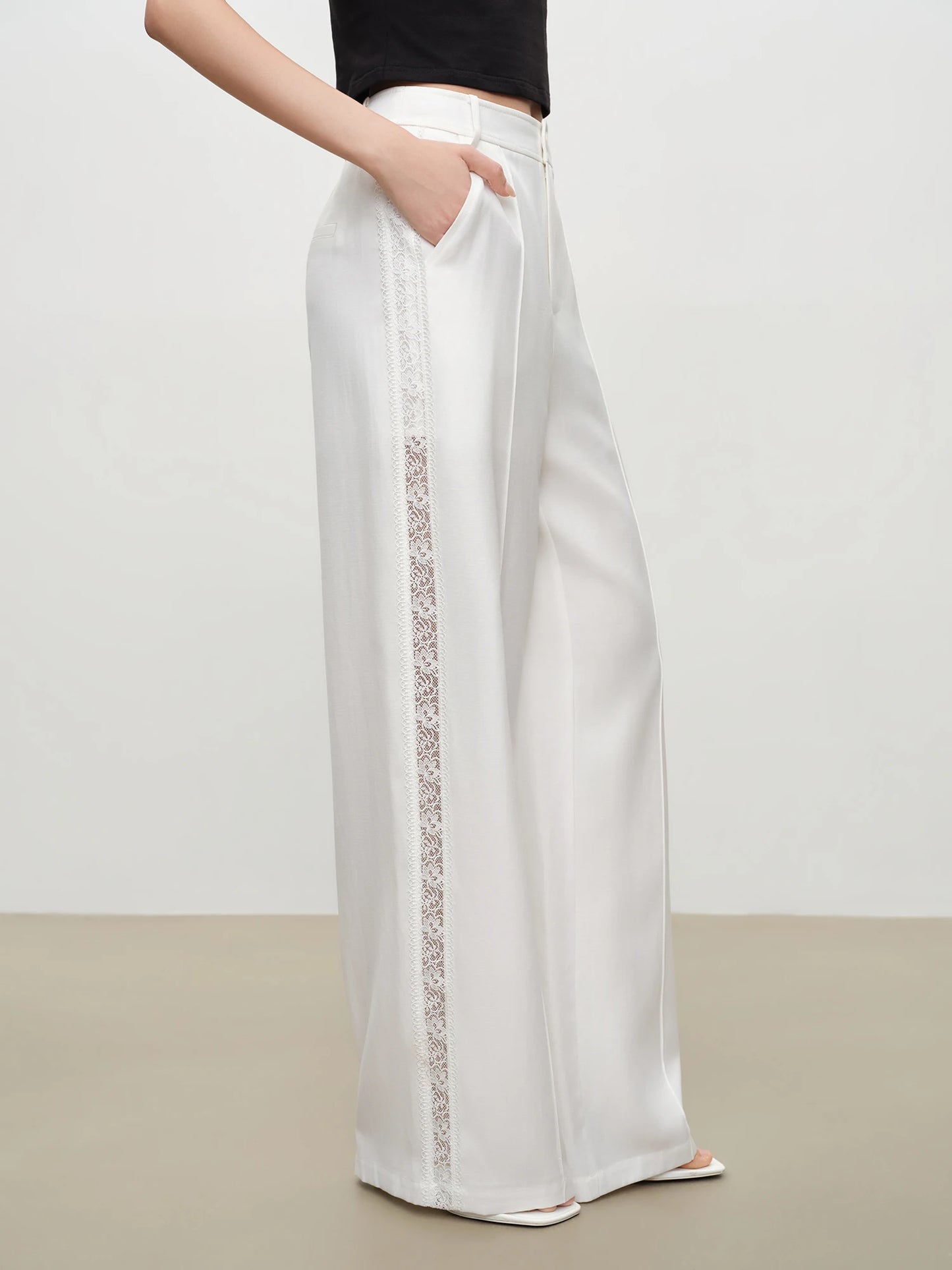 White Lace Trim Wide Leg Pants