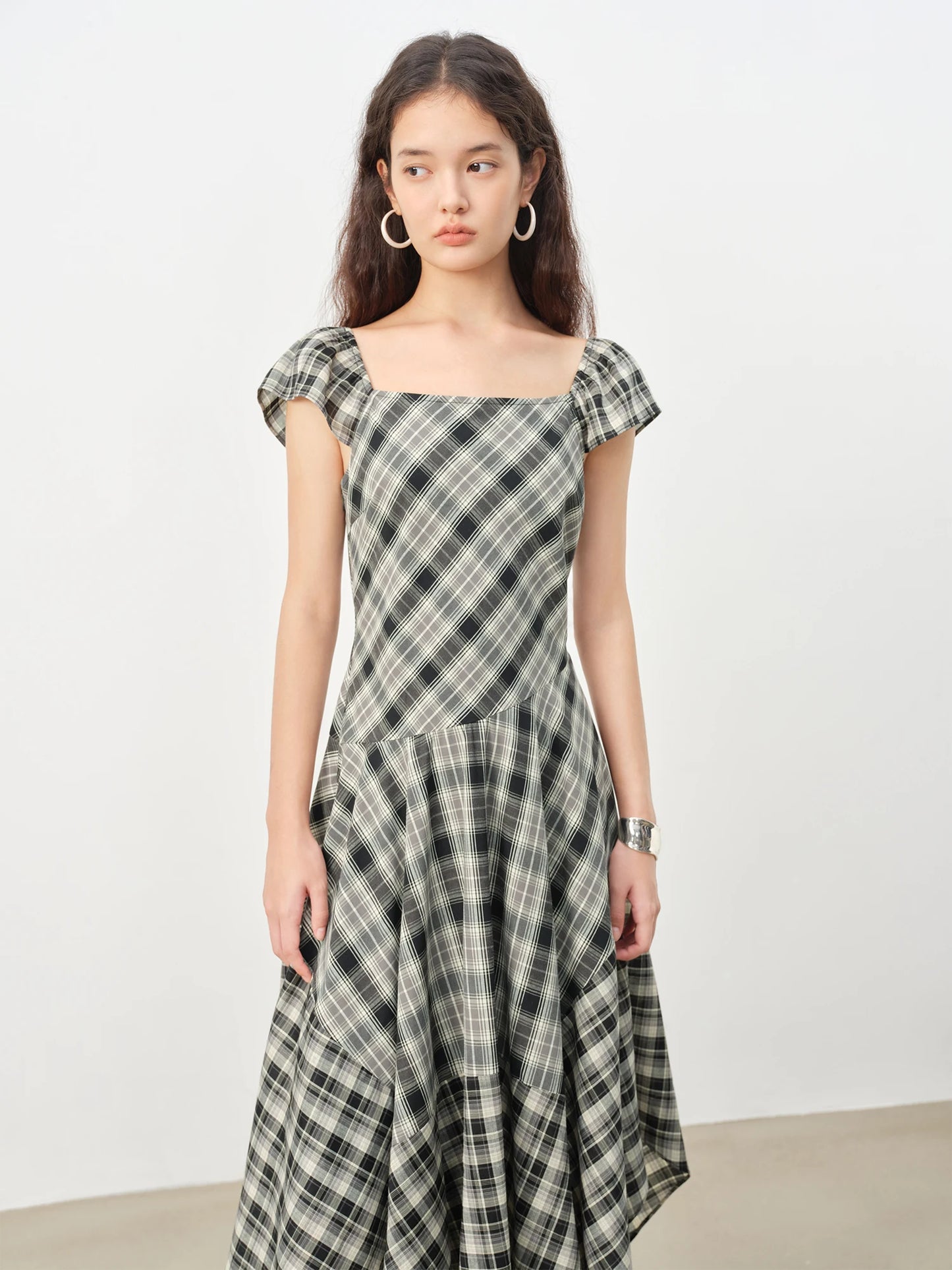 Plaid Asymmetric Midi Dress